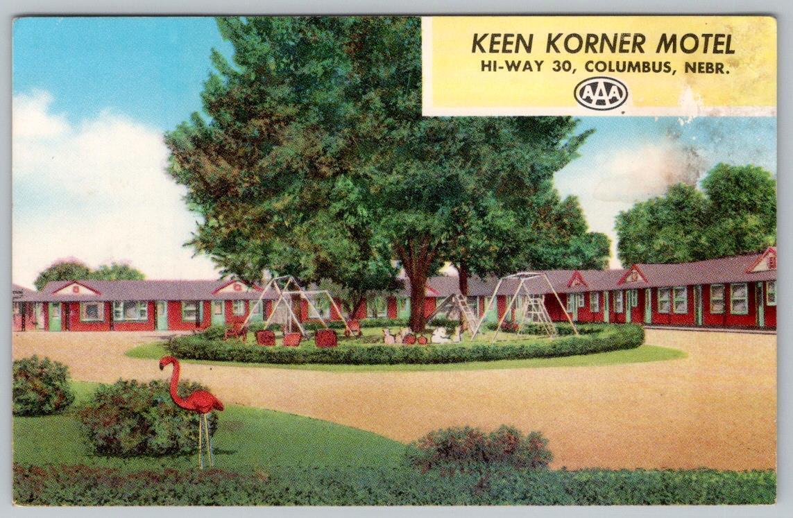 1940-50\'s COLUMBUS NEBRASKA KEEN KORNER MOTEL PINK FLAMINGO PLAYGROUND POSTCARD