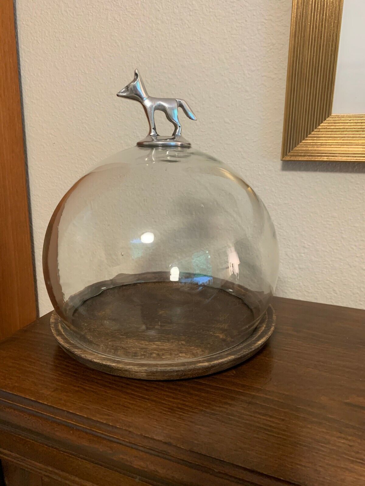 ARTISAN DE LUXE COVERED DOME DISH GLASS AND WOOD WITH PEWTER PUPPY