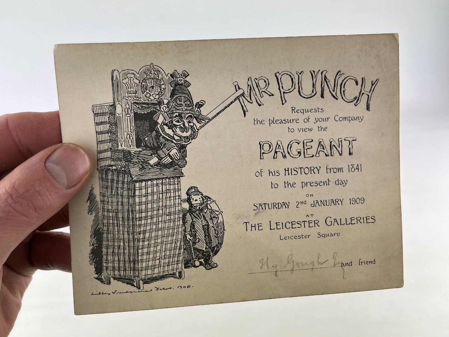 ANTIQUE 1909 MR PUNCH INVITATION~LEICESTER GALLERIES~LINLEY SANDBOURNE/JUDY INT.