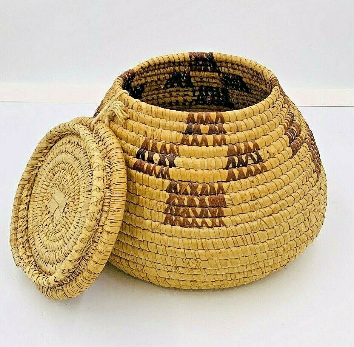 Hand Woven Basket w/ Lid | Stitched Design | Alaskan Yup\'ik Artist? Estate Find