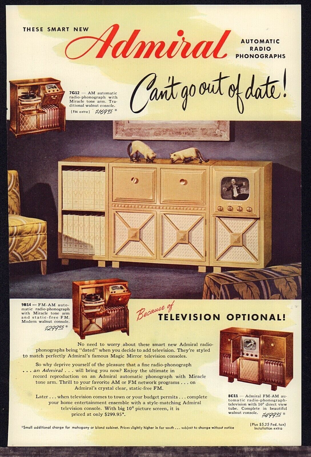 1948 ADMIRAL 7G12, 9B14, 8C11 Console TV Television AM FM Radio Phonograph AD