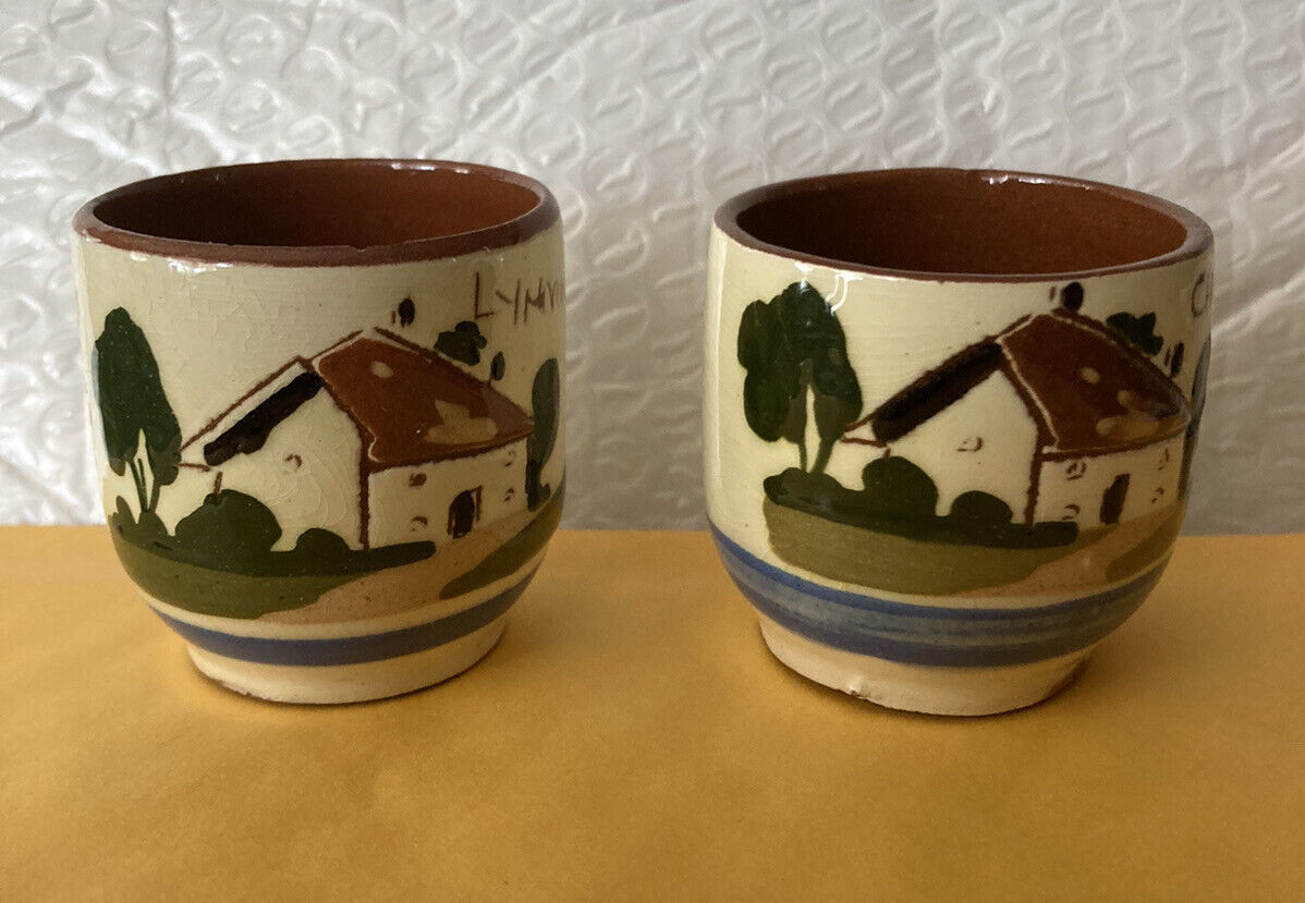 2 Vintage Torquay Pottery Egg Cups Motto Ware “New Laid” “Fresh Today” 2 inches
