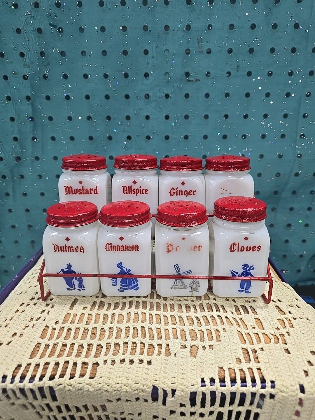 Vintage Set 8 Milk Glass Spice Shakers Red Lids W/ Rack Dutch ORIGINAL LABELS