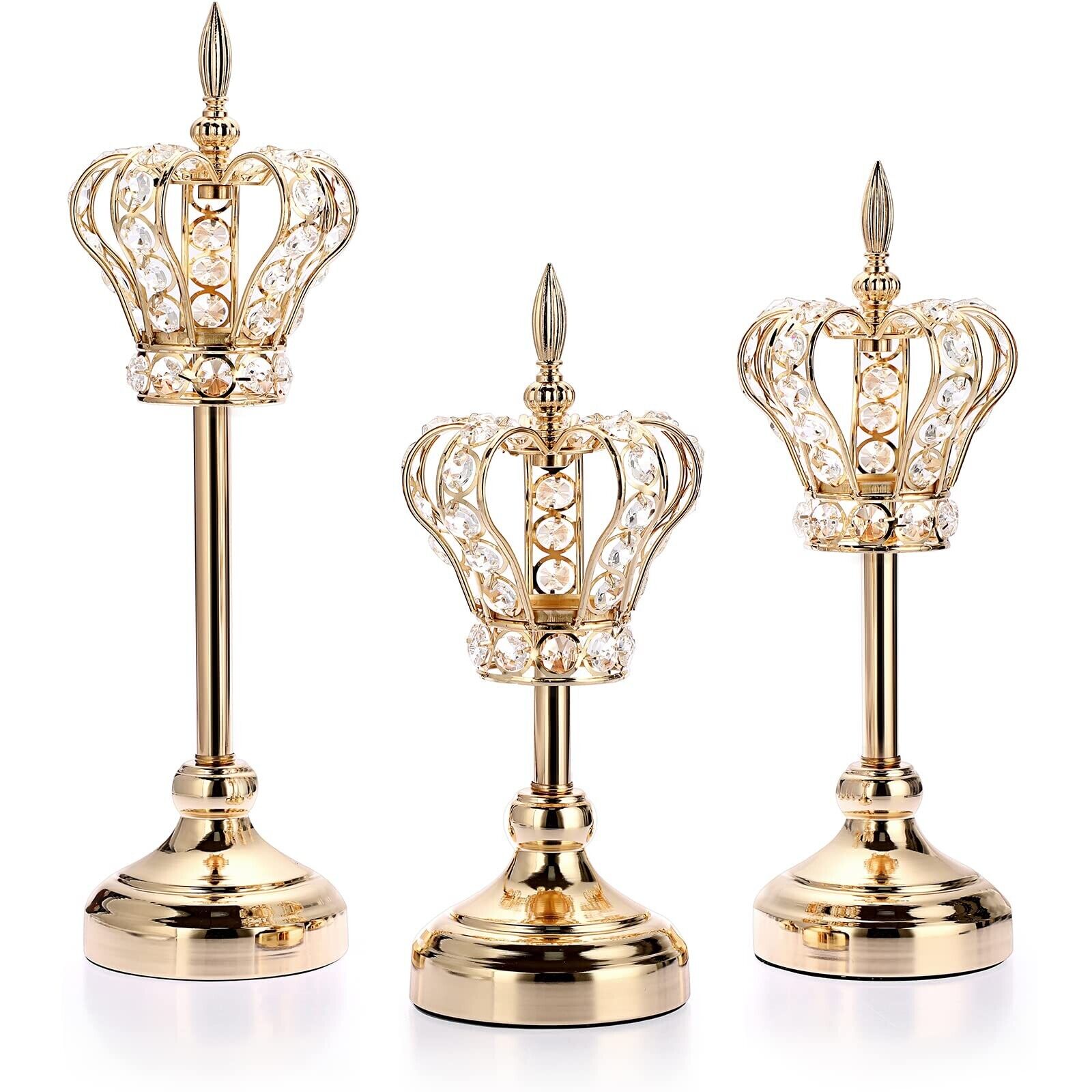 OwnMy Set of 3 Gold Crystal Crown Candlestick Holders Metal Crystal Crown Tea...