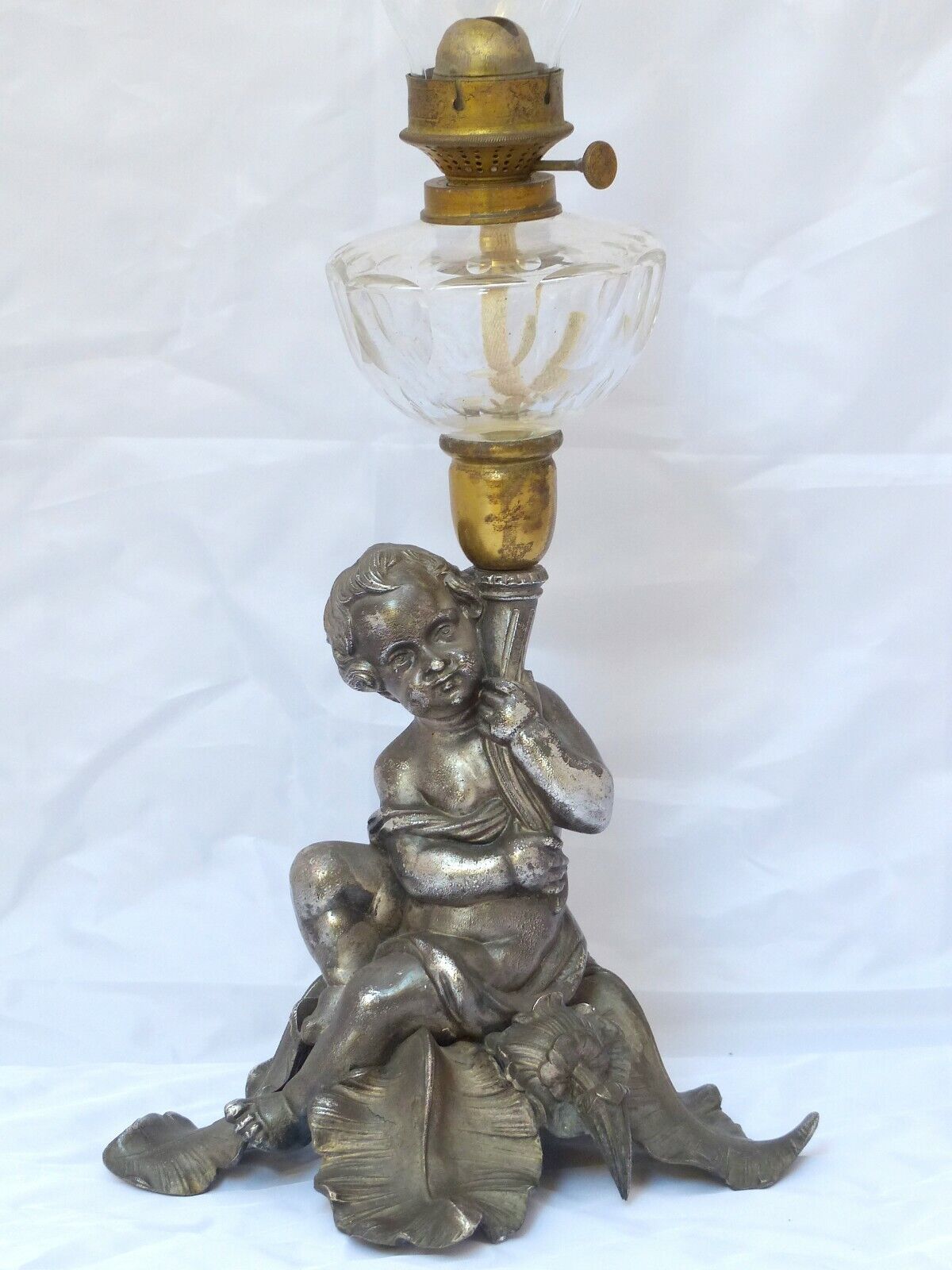 Superb Antique French Oil Lamp Figural Cherub Complete 19TH Silverplated