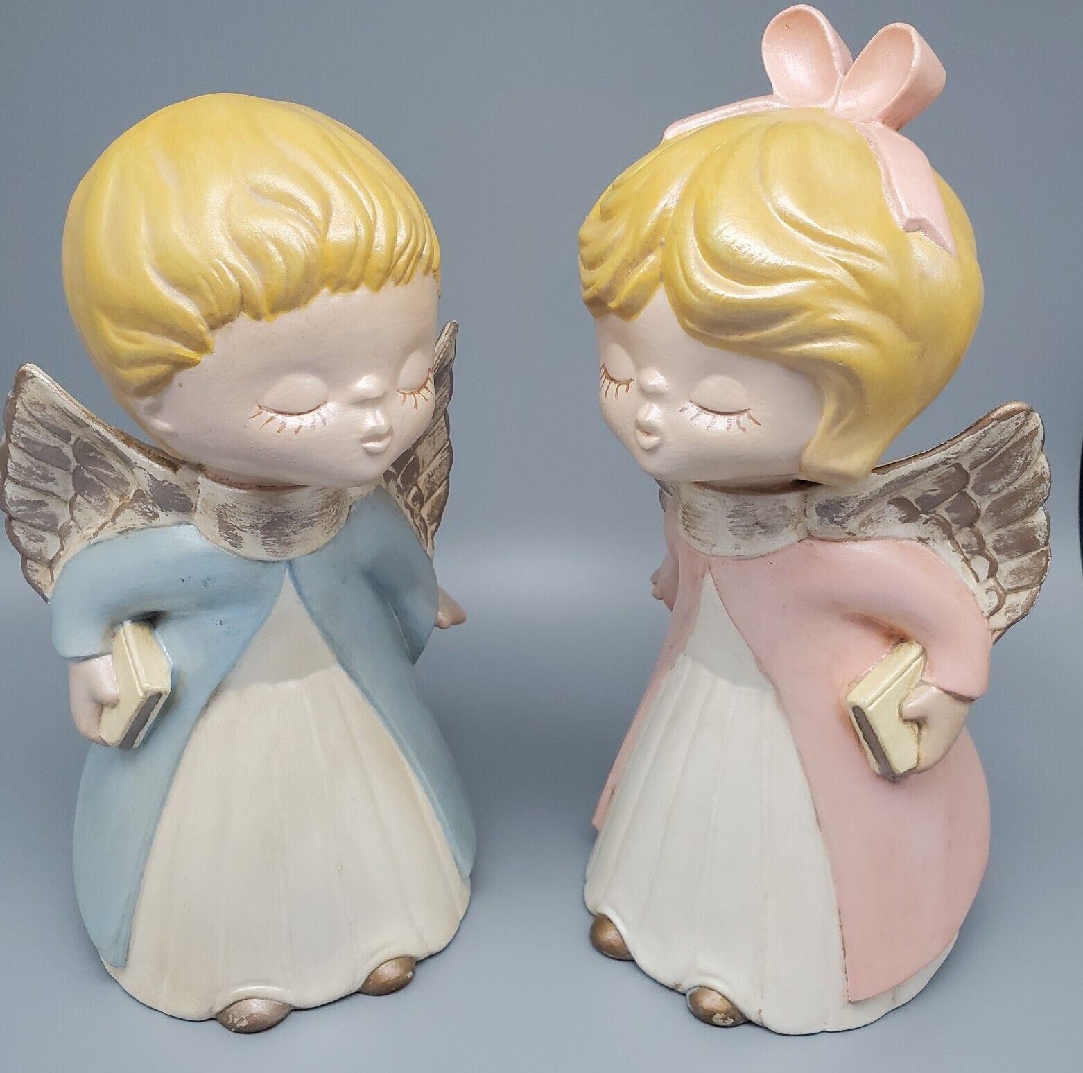 Vintage Kissing Angels Pair Hand Painted Figurines Pink Blue Ceramic Christmas