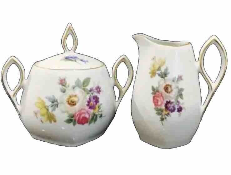 Antique German Meissen Floral Style Mitterteich Porcelain Creamer & Sugar Bowl
