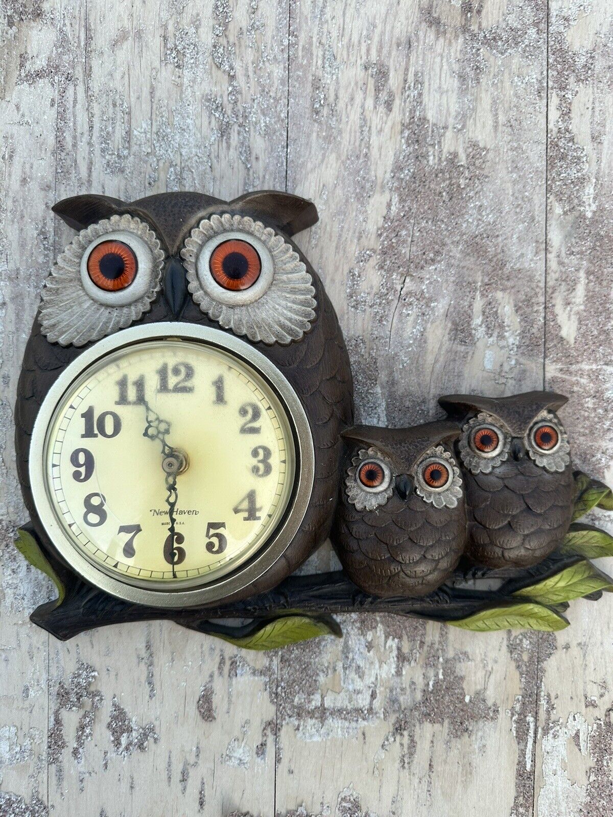 Vintage 1972 Burwood New Haven Wall Clock Owl and Owlets Not Working 10 x 13\