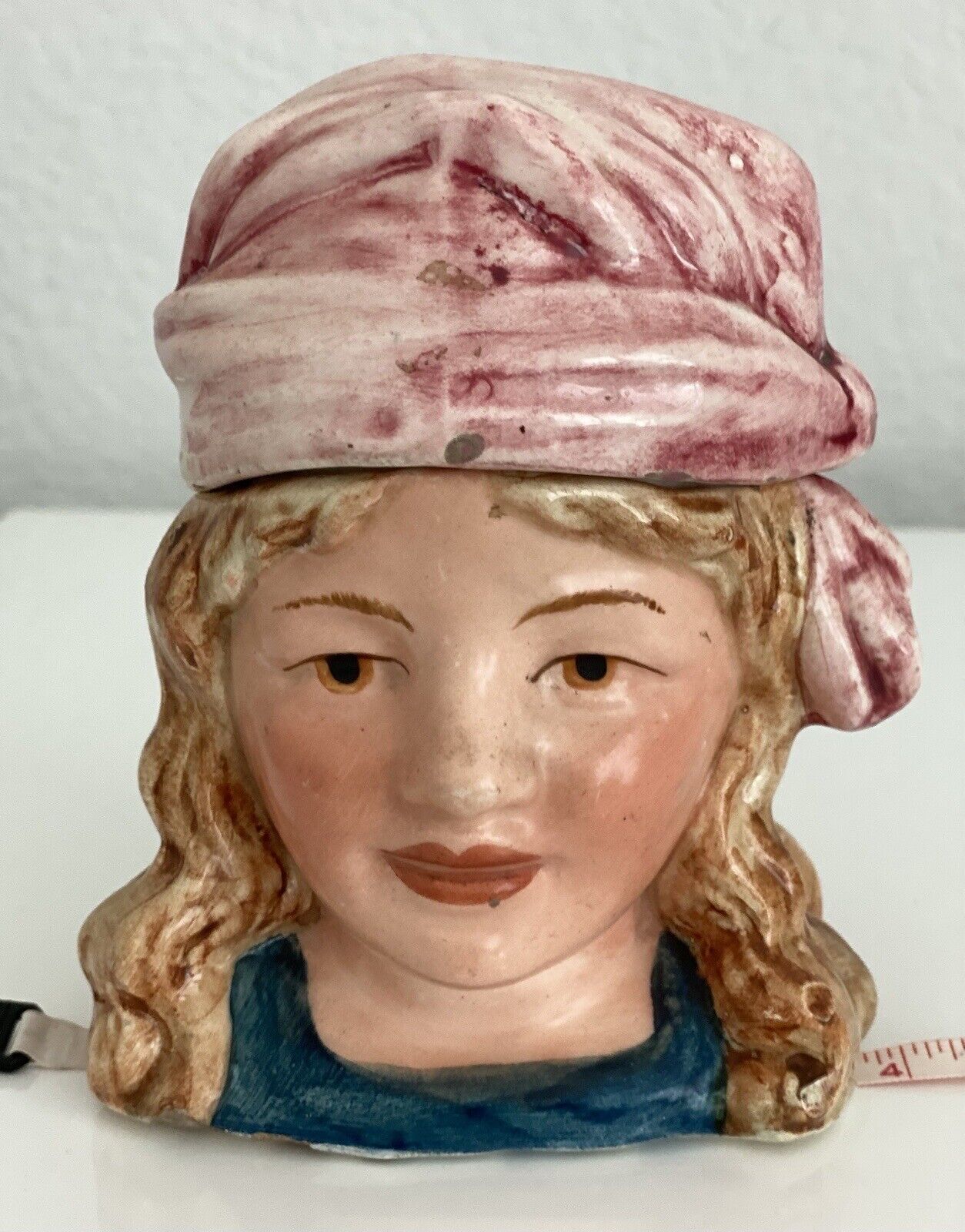 Pretty/Old Majolica Tobacco Humidor Woman Chamber Maid Wearing a Hat