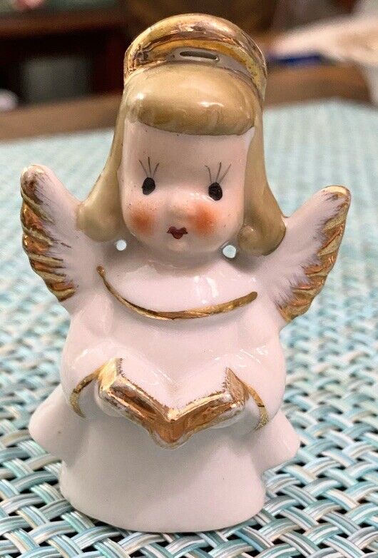 Vtg Enesco Christmas Girl Angel Bell 2 3/4” Figurine White Gold Hymn Book Japan