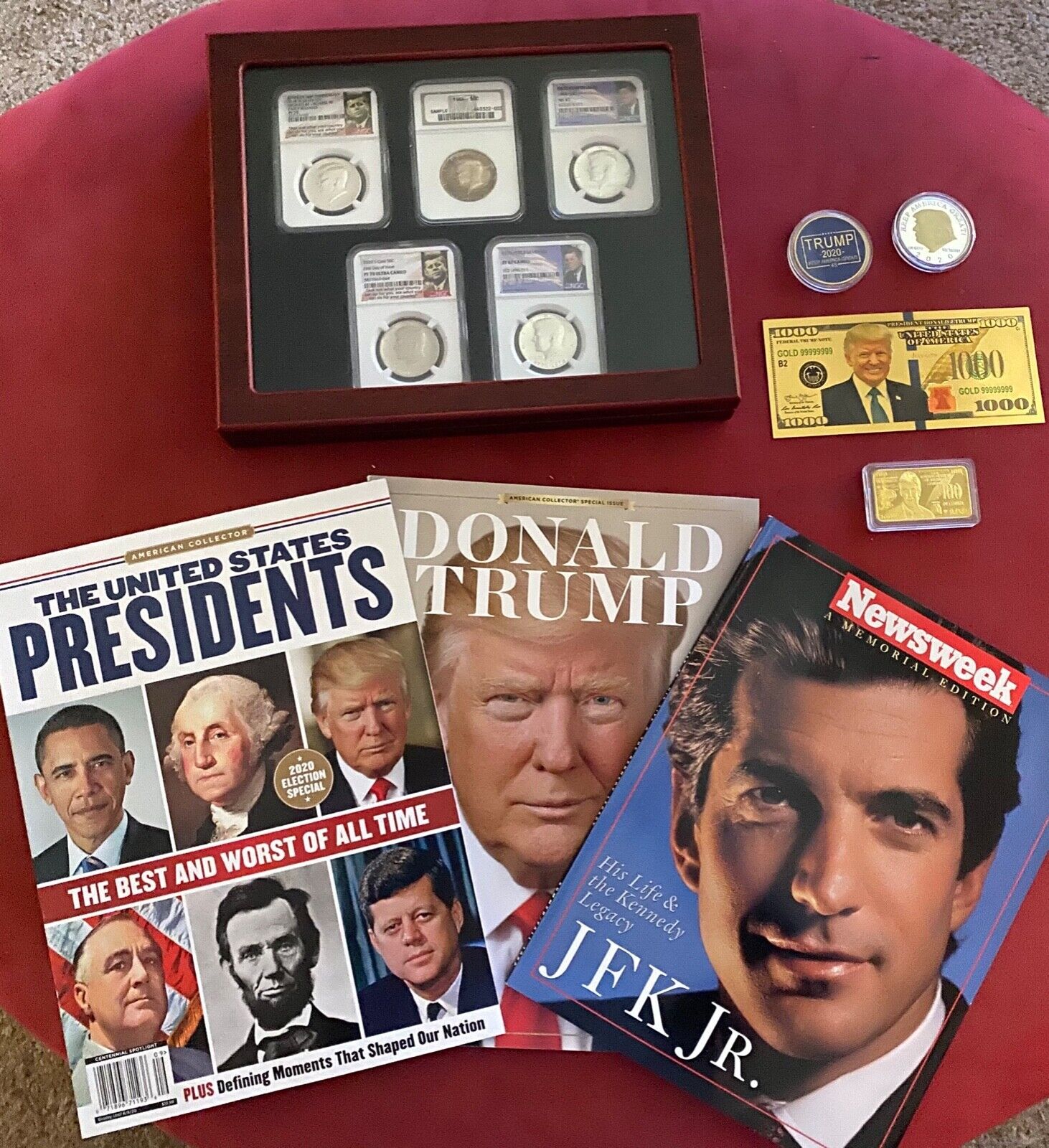 JFK/JR/TRUMP 12-pc Collectibles:Silver Coins & Tributes-Mint New 