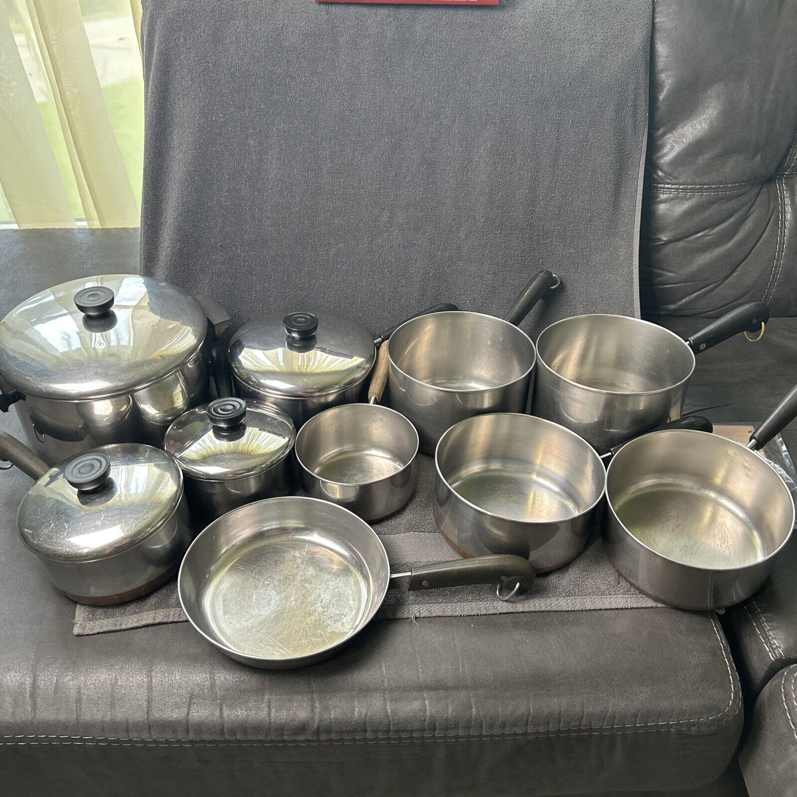 Vintage Revere Ware Set 14 Piece Pots Pans Lids Cookware 1801 Copper Bottom