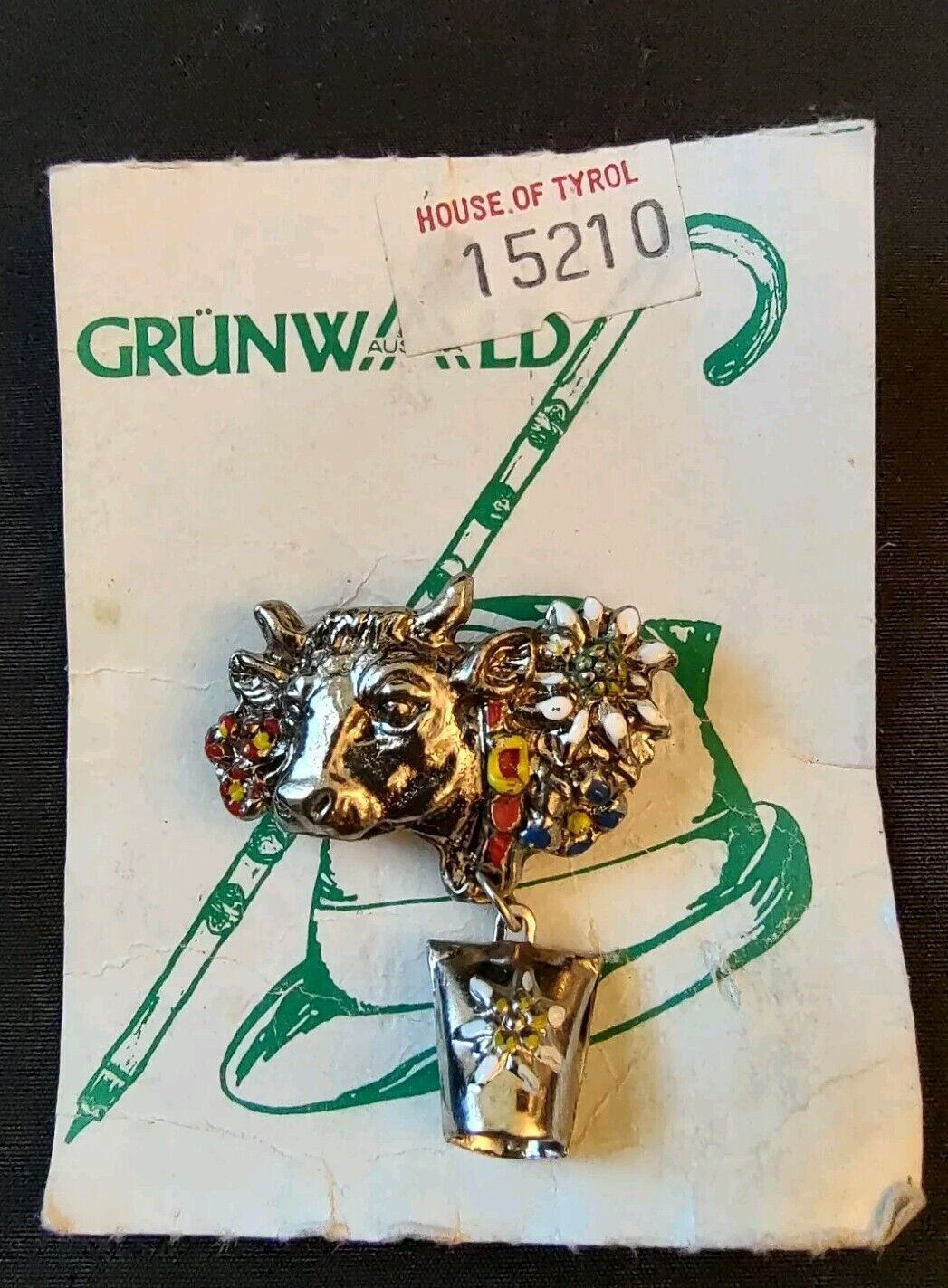 House of Tyrol Grunwald Austria Vintage NOS Cow Silver Enamel Pin Broach