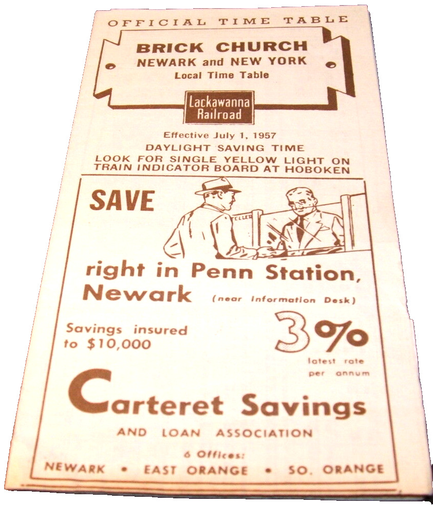JULY 1957 DL&W DELAWARE LACKAWANNA AND WESTERN BRICK CHURCH NJ TIMETABLE