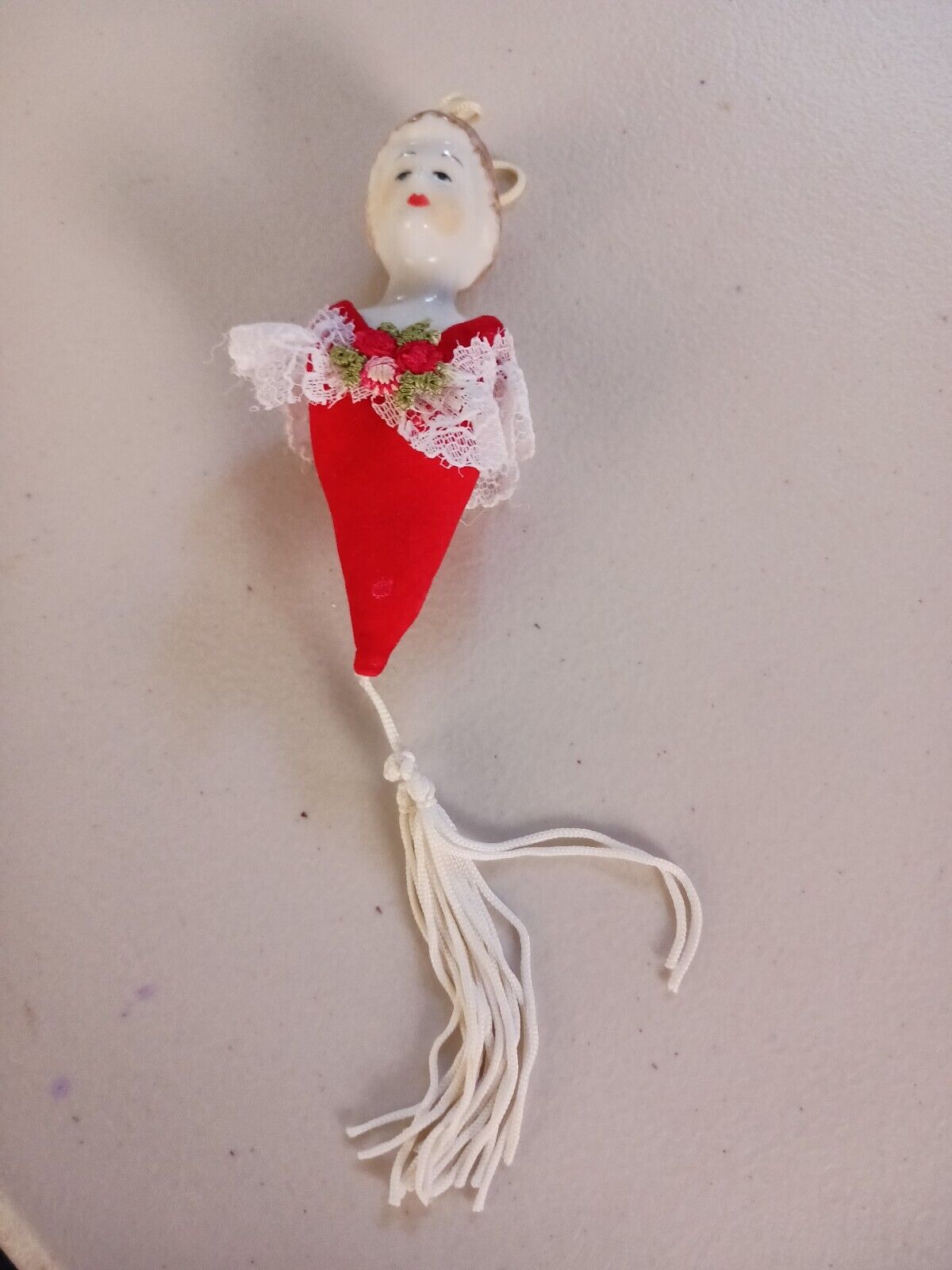 Half Doll Porcelain Hanging Red Tassel Victorian Lady Ornament 3\