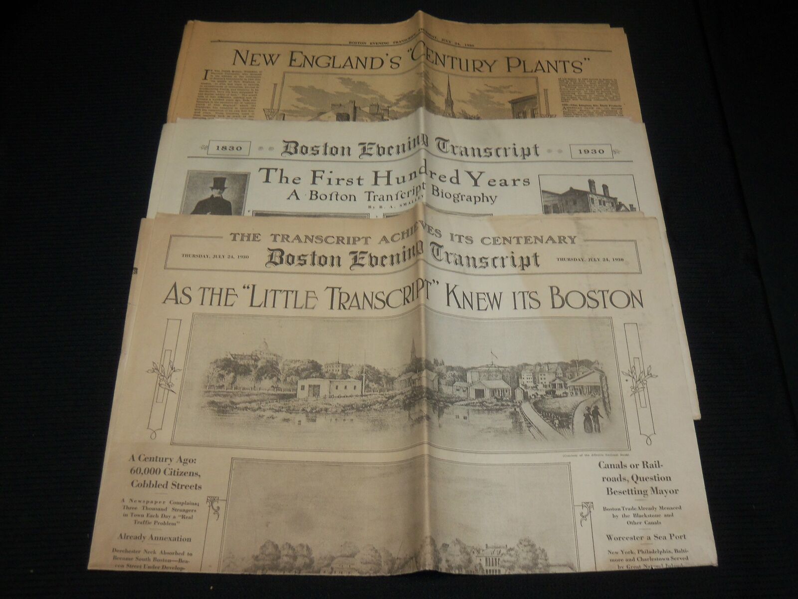 1930 JULY 24 BOSTON EVENING TRANSCRIPT CENTENARY NEWSPAPER LOT OF 3 - NP 4251G