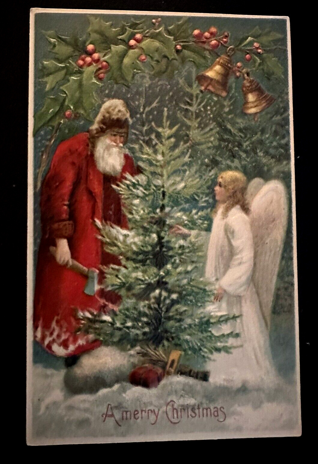 Red Robe~Santa Claus Cuts Xmas Tree ~with Angel-Antique~Christmas Postcard~k382