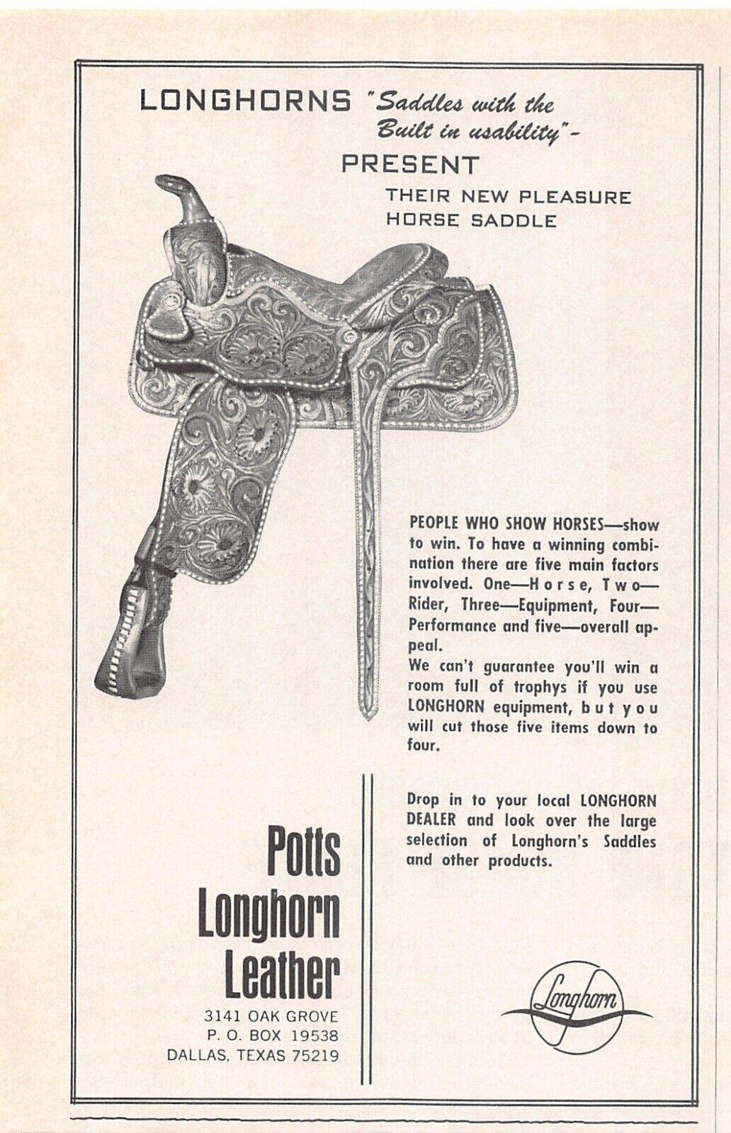 Potts Longhorn Leather Dallas Texas Pleasure Horse Saddle Vtg Magazine Print Ad