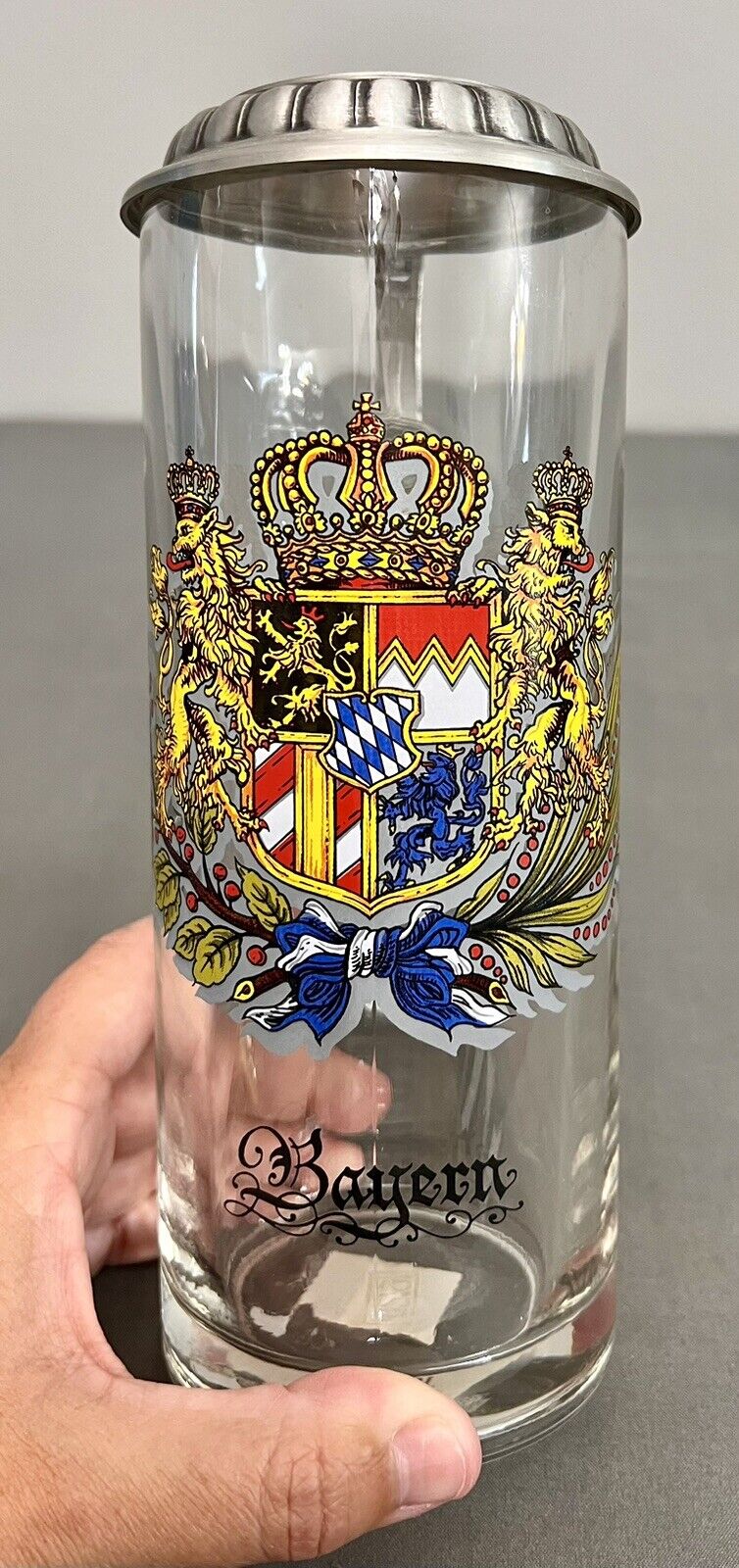 Bavaria Germany Bayern Coat Of Arms Glass Beer Stein W/ Zinn Pewter Lid 9”