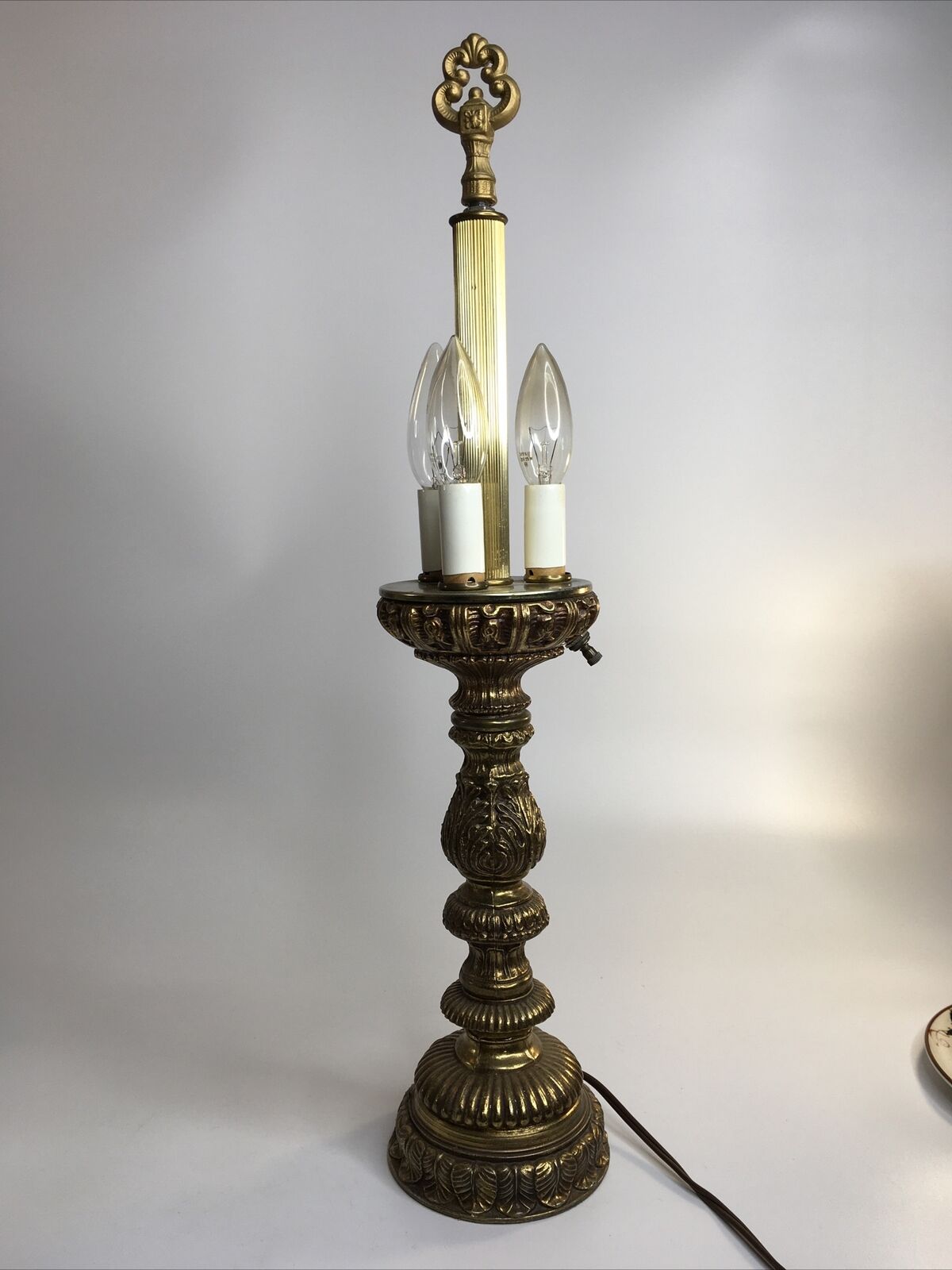Large Vintage Bouillotte Style Lamp 3 Candle Light Brass 3 Way Switch 23in