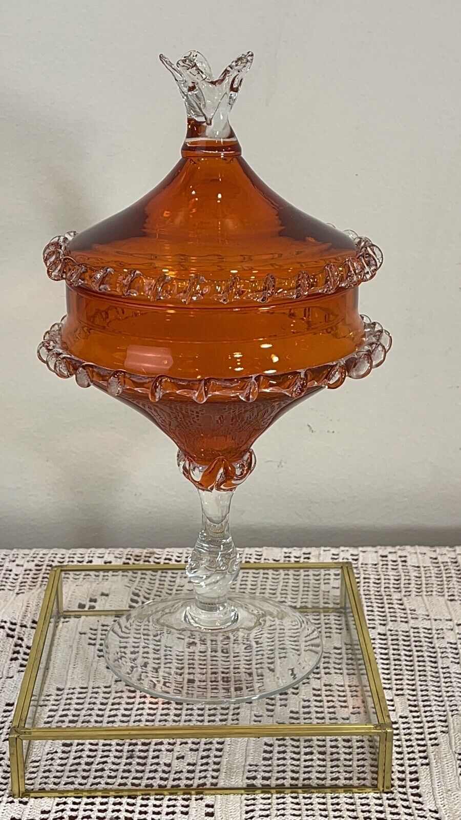 Vintage Tangerine lidded pedestal candy jar | Trinket Dish With Lid | Glass Dish