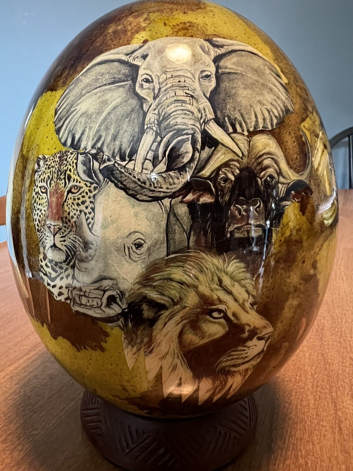 African Big 5 Decoupage Hand Painted Ostrich Egg W/ Stand Elephant Rhino Lion