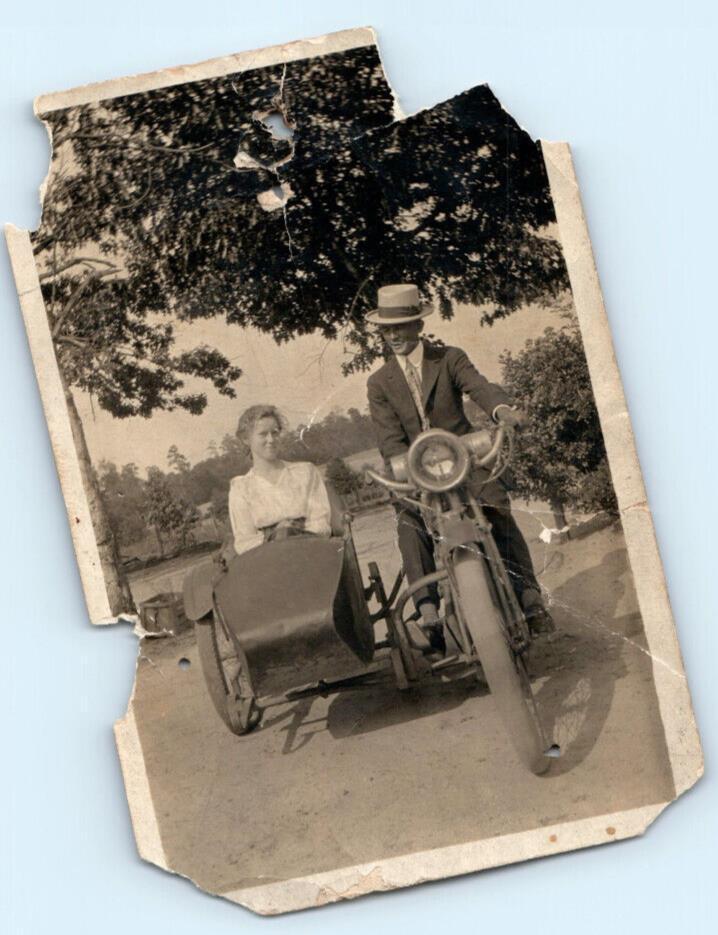 1918 Vintage Photo, Man on Motorcycle, Woman side carriage Damaged 3.5\