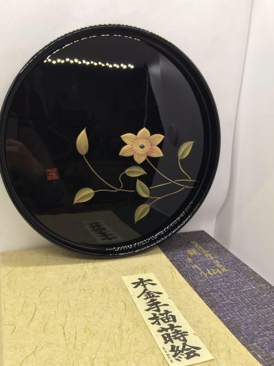 Japanese Black Shakumaru Tray Tetsusen Lacquerware Lacquered Real Gold Hand-Pain