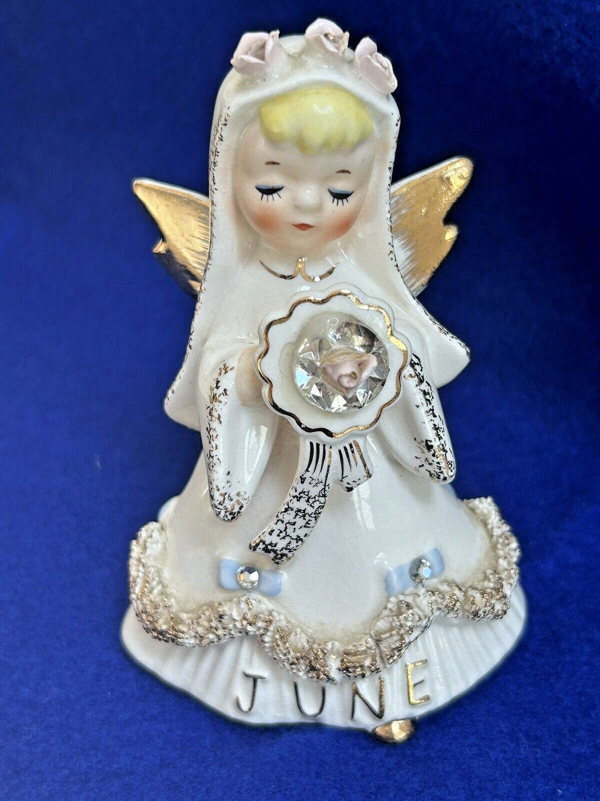 Lefton JUNE Birthday Girl June Bride Angel Figurine Rhinestones Vintage 1950s