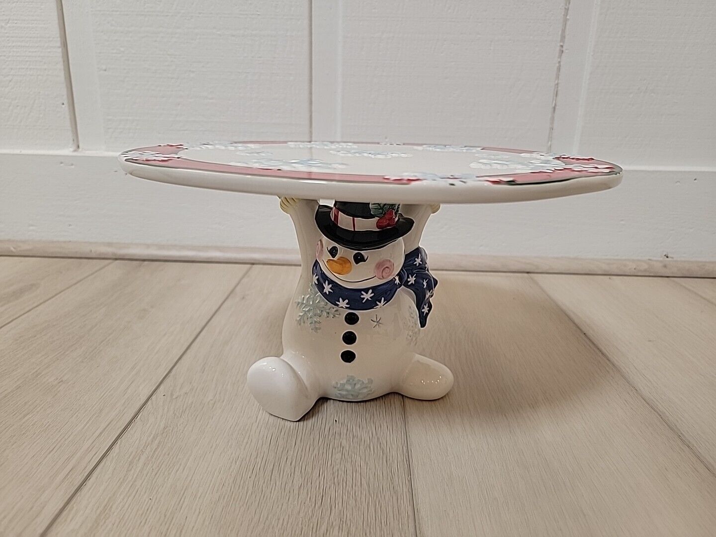 Vintage Fitz and Floyd Frosty Friends Snowman Server Cake Plate Stand 8X12