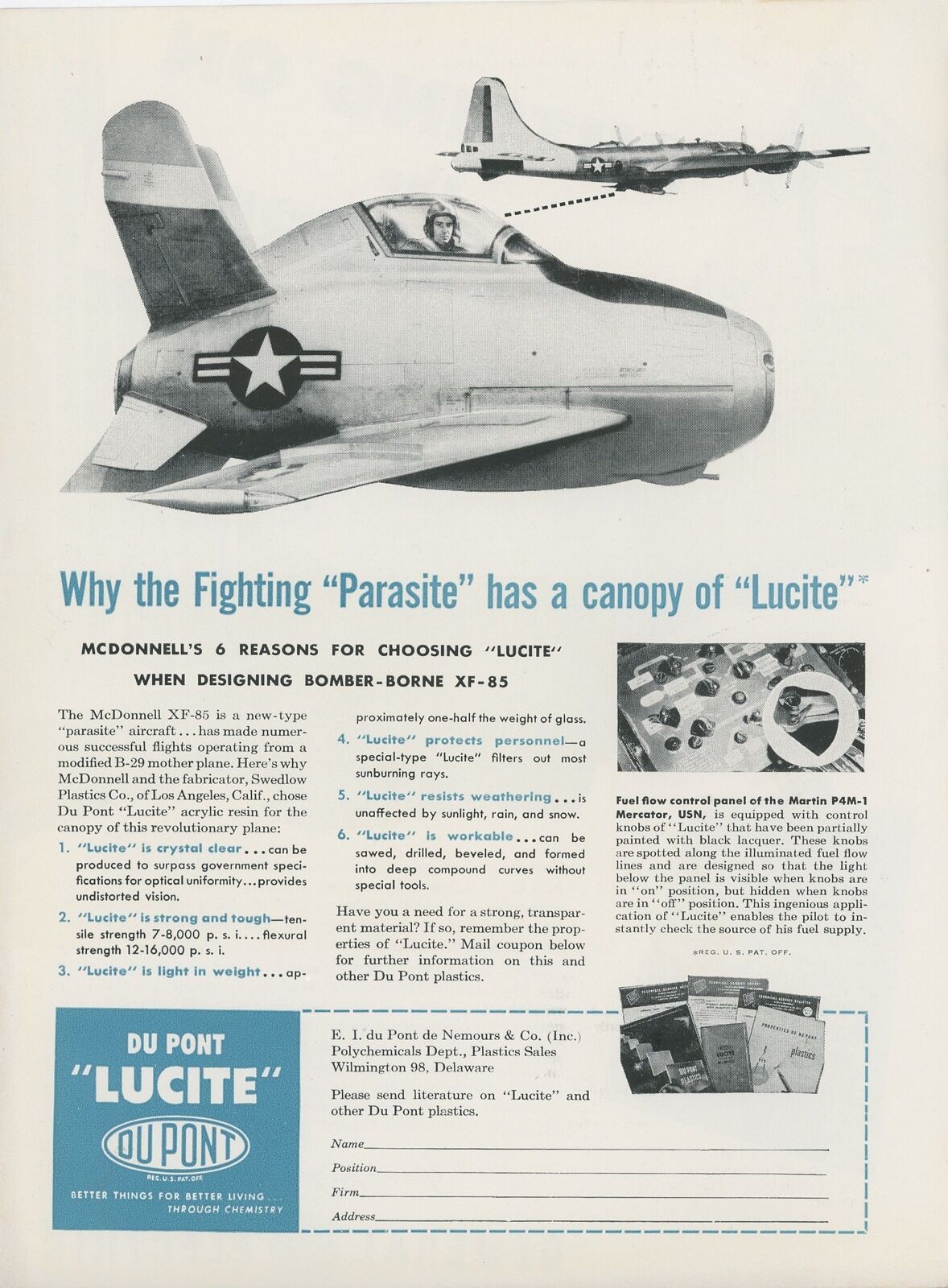 1949 Dupont Lucite Acrylic Ad McDonnell Aircraft XF-85 Parasite B-29 Bomber