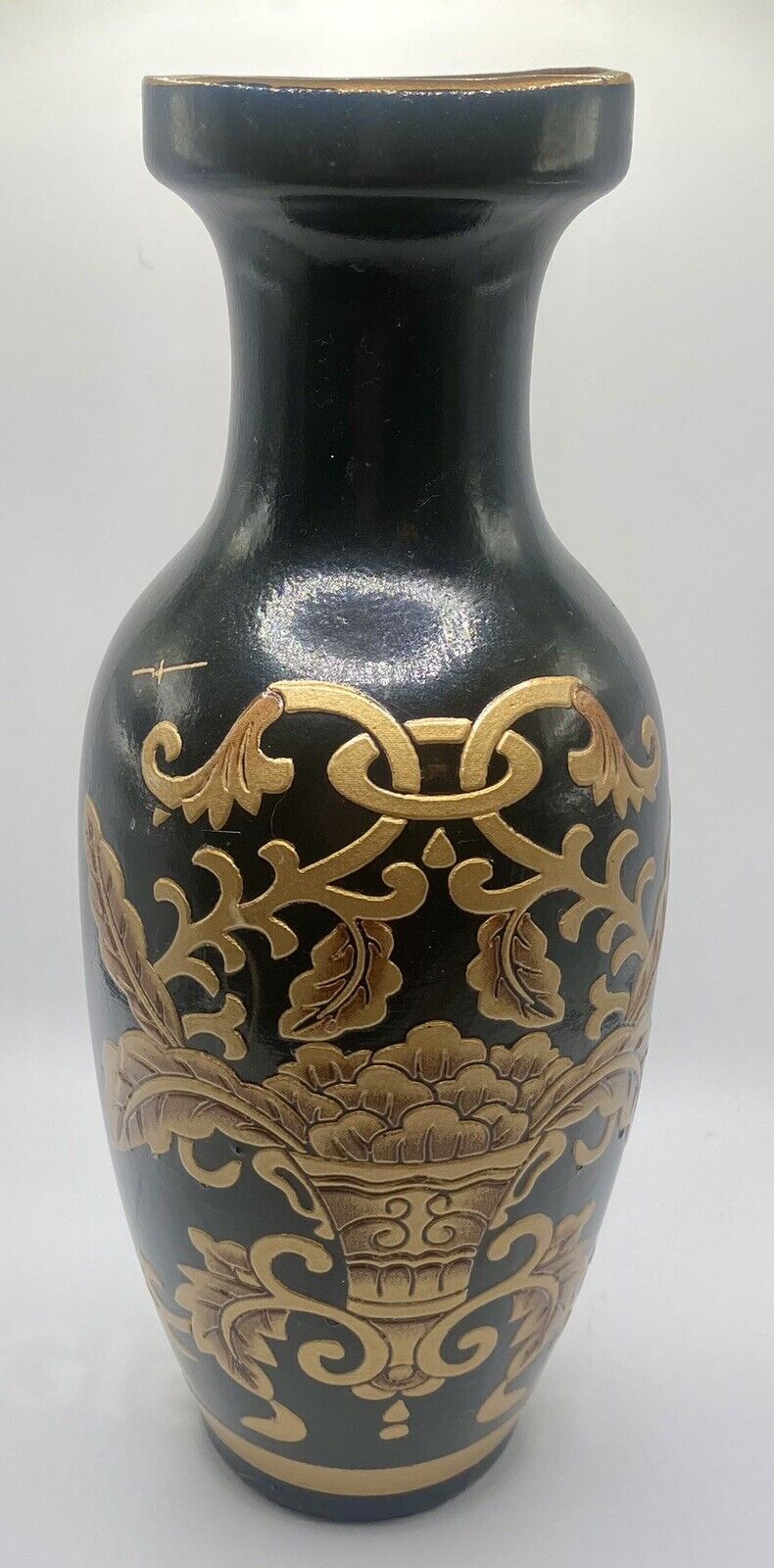 Oriental Vase Black  Gold Raised Embossed Design On Both Sides 10\