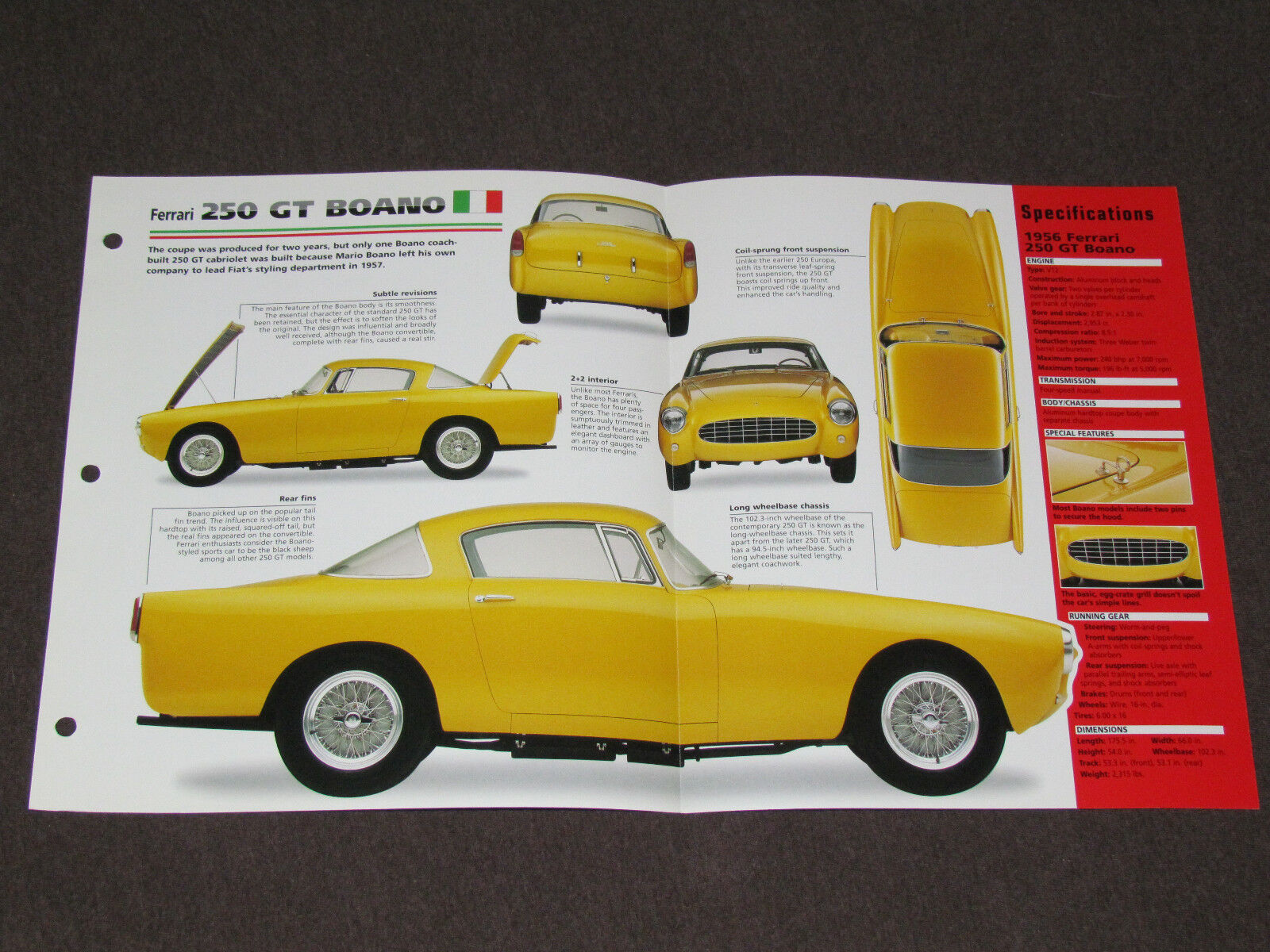 1956-1958 FERRARI 250 GT BOANO Car SPEC SHEET BROCHURE PHOTO BOOKLET