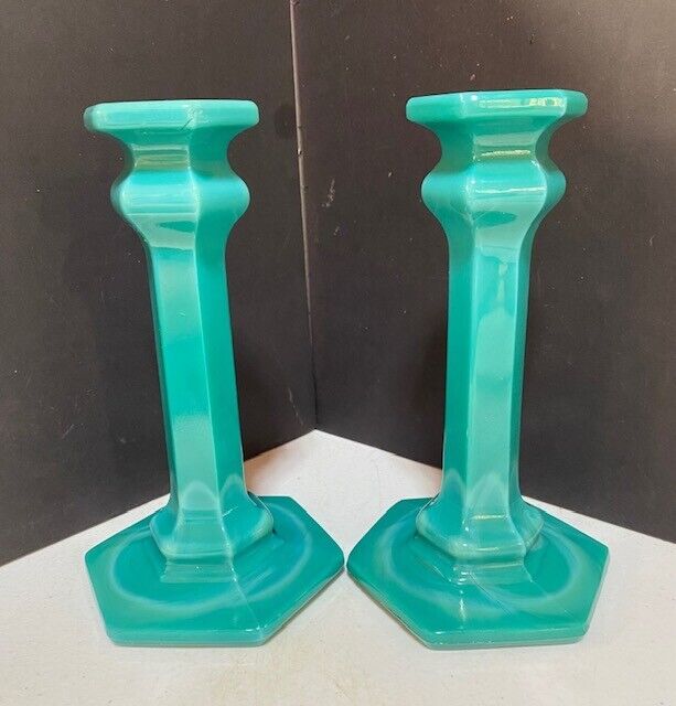 Vintage Cambridge Glass Green Pair of Candlesticks Candle Holders