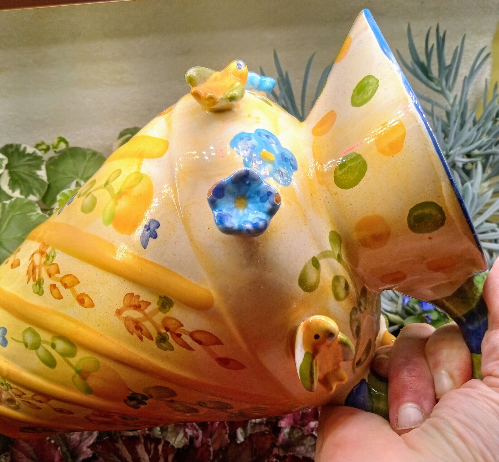 Sweet Whimsical 3D Bird & Flower Pitcher Vase Pottery 