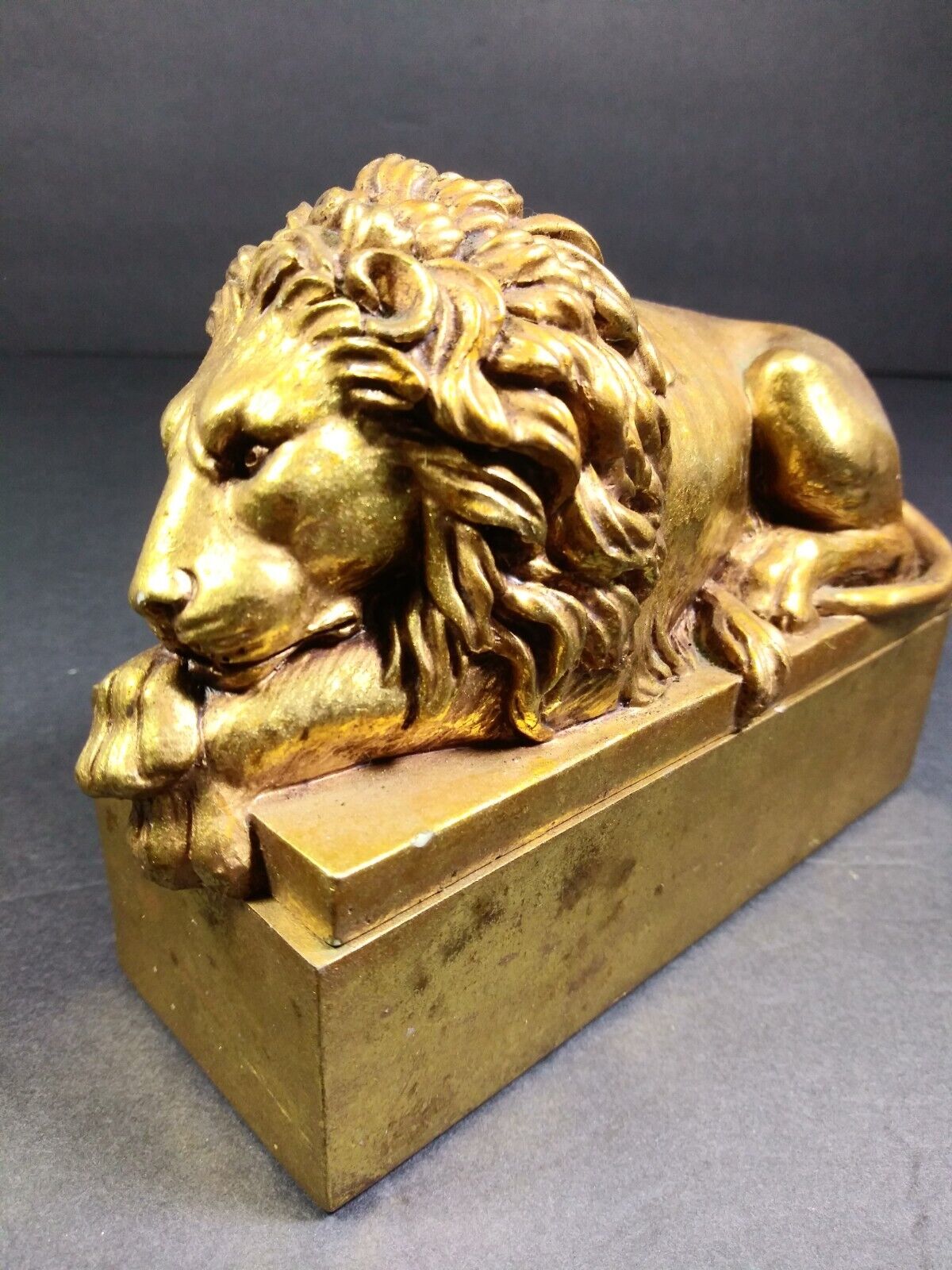 Vintage Gold Lion Sculpture Jewelry Trinket Box
