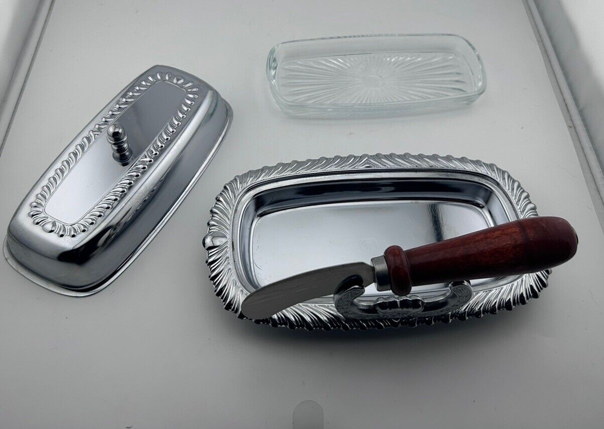 Vintage Irvinware Silver Color Butter Dish With Knife Holder Glass Insert