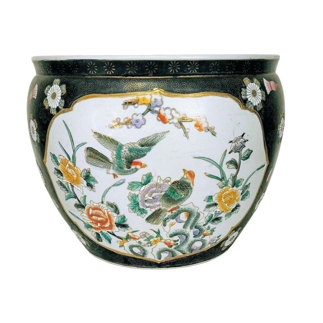 Vintage Ceramic Chinese Chinoiserie Fishbowl Floral Bird Motif Bowl Planter