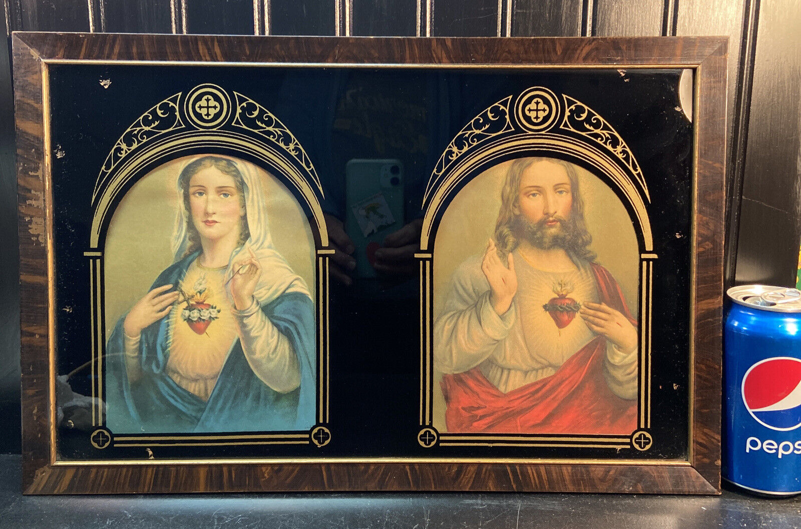 Vtg 20-30’s Jesus & Mary Sacred Heart Art Deco Matting Frame Religious Print