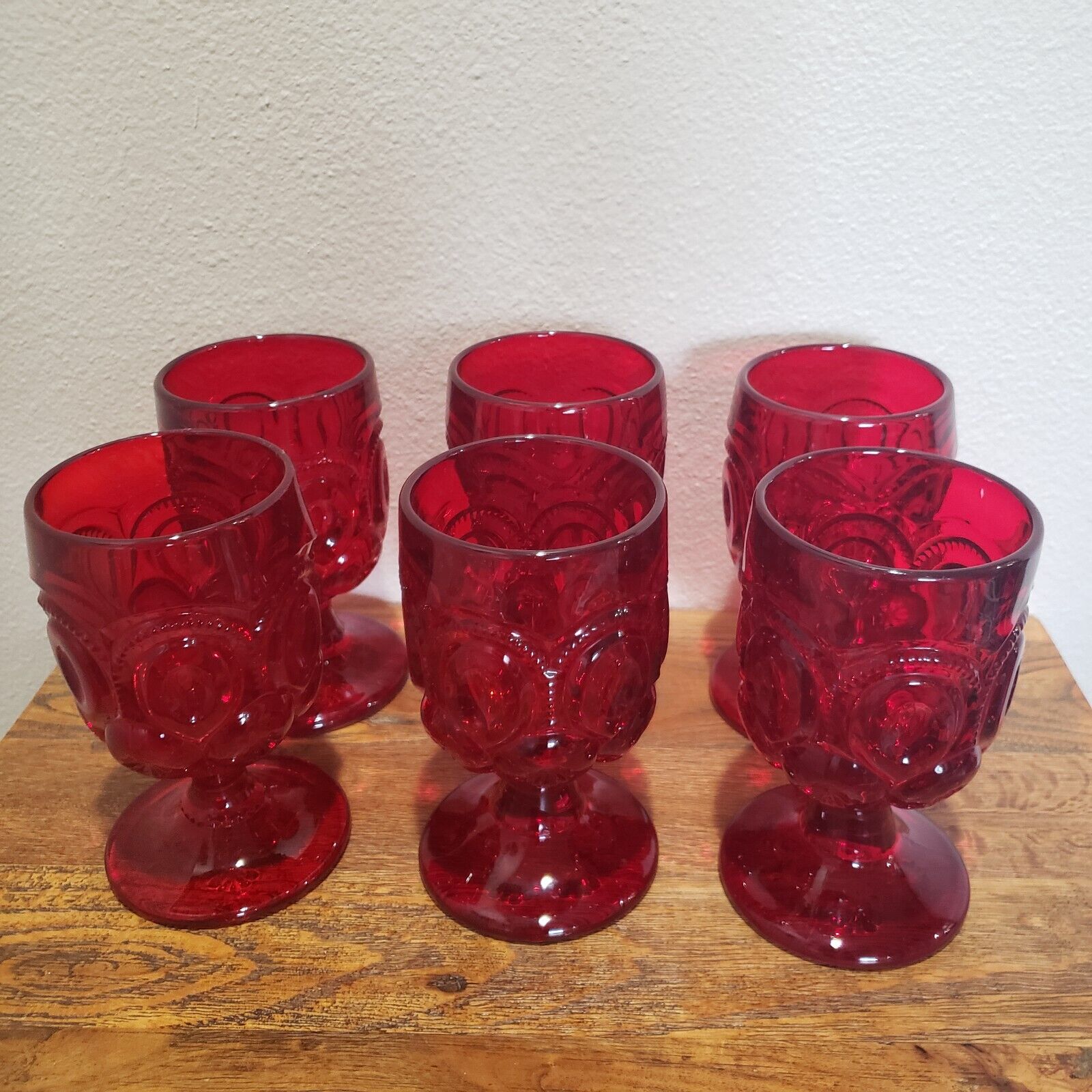 Beautiful Moon and Stars Amberina Red Set of 6 Goblets LE Smith 5 3/4\