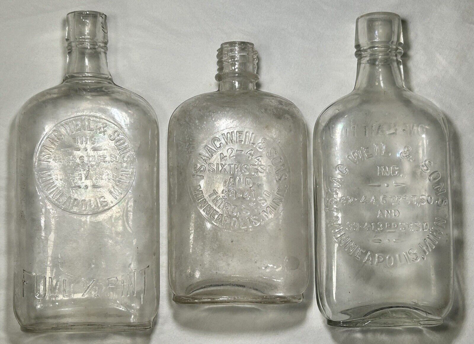 Great Lot of 3 Embossed Whisky Flasks 1900 Minnesota Midwest Saloon Bottles USA