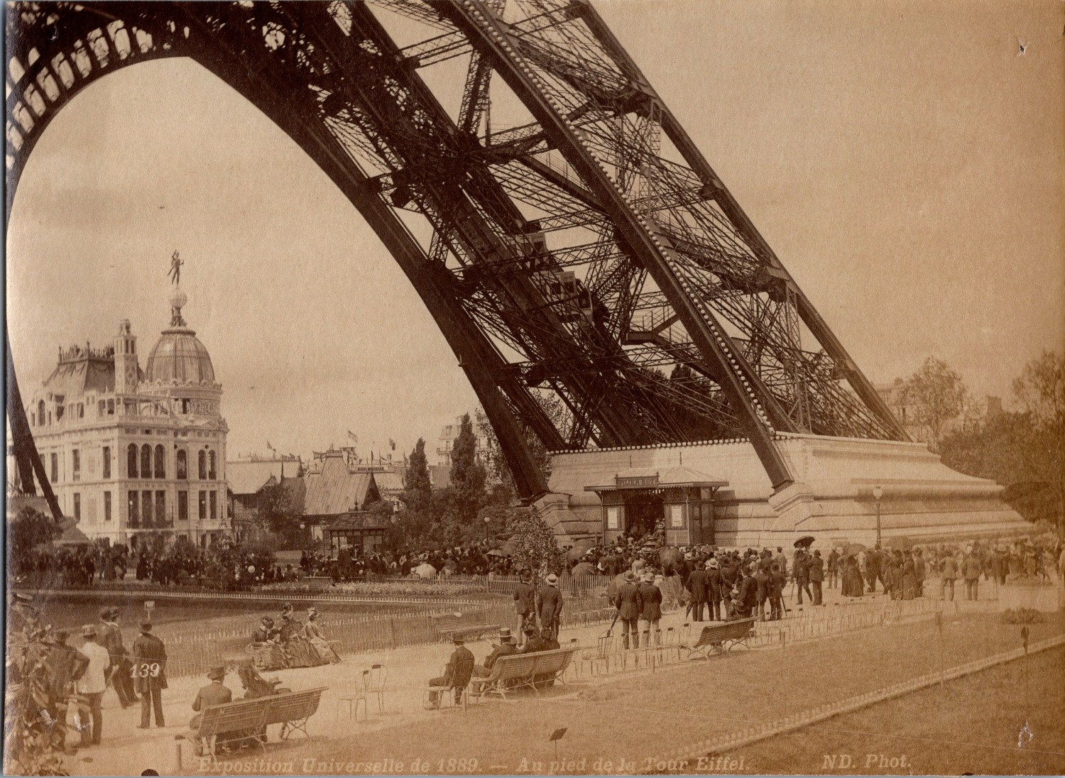 Paris, Universal Exhibition, at the foot of the Eiffel Tower, vintage print, 1889 Ti
