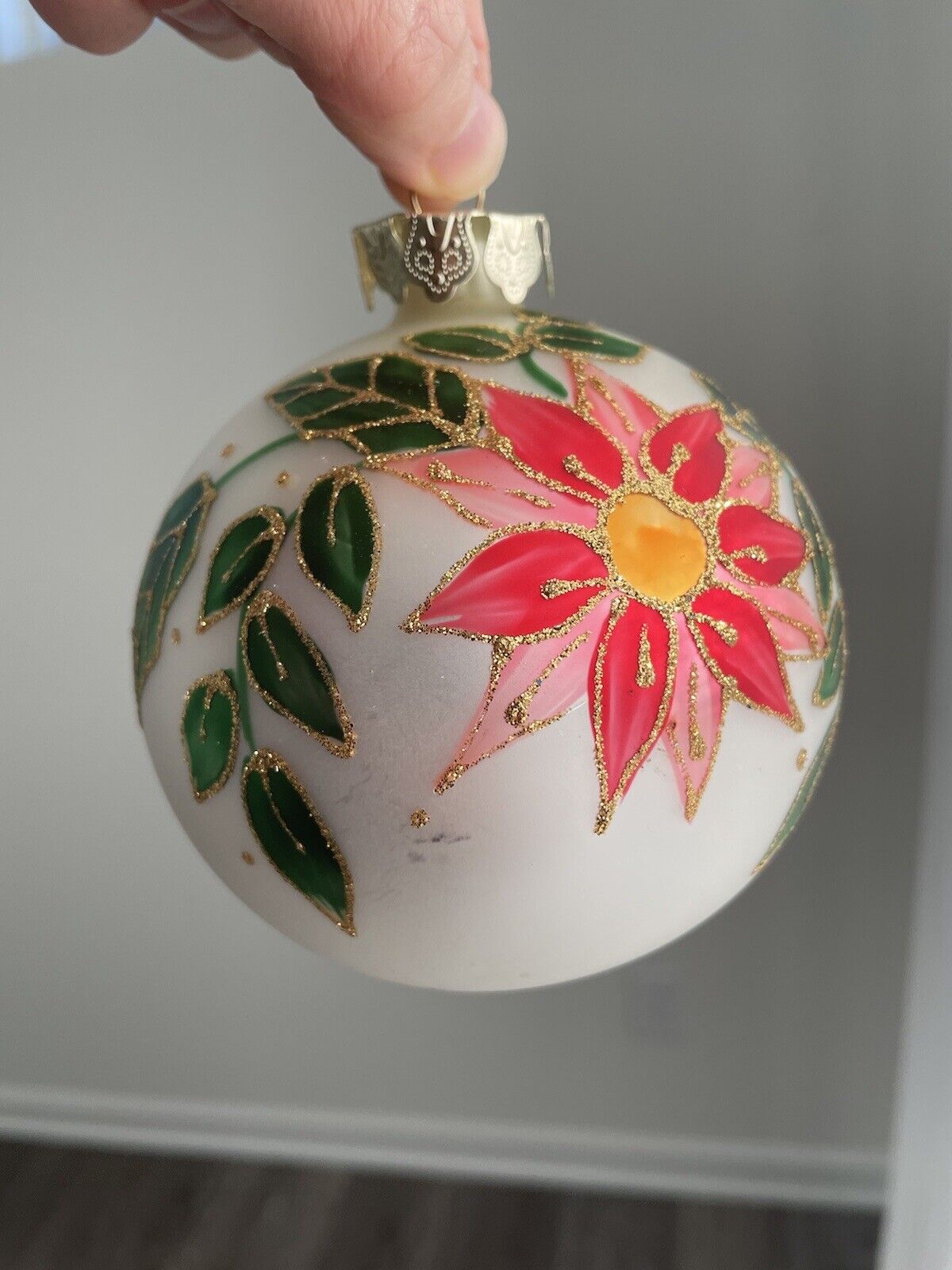 VTG Hand Painted Glass Christmas Ornament Poinsettia Ball Glitter Accents Floral