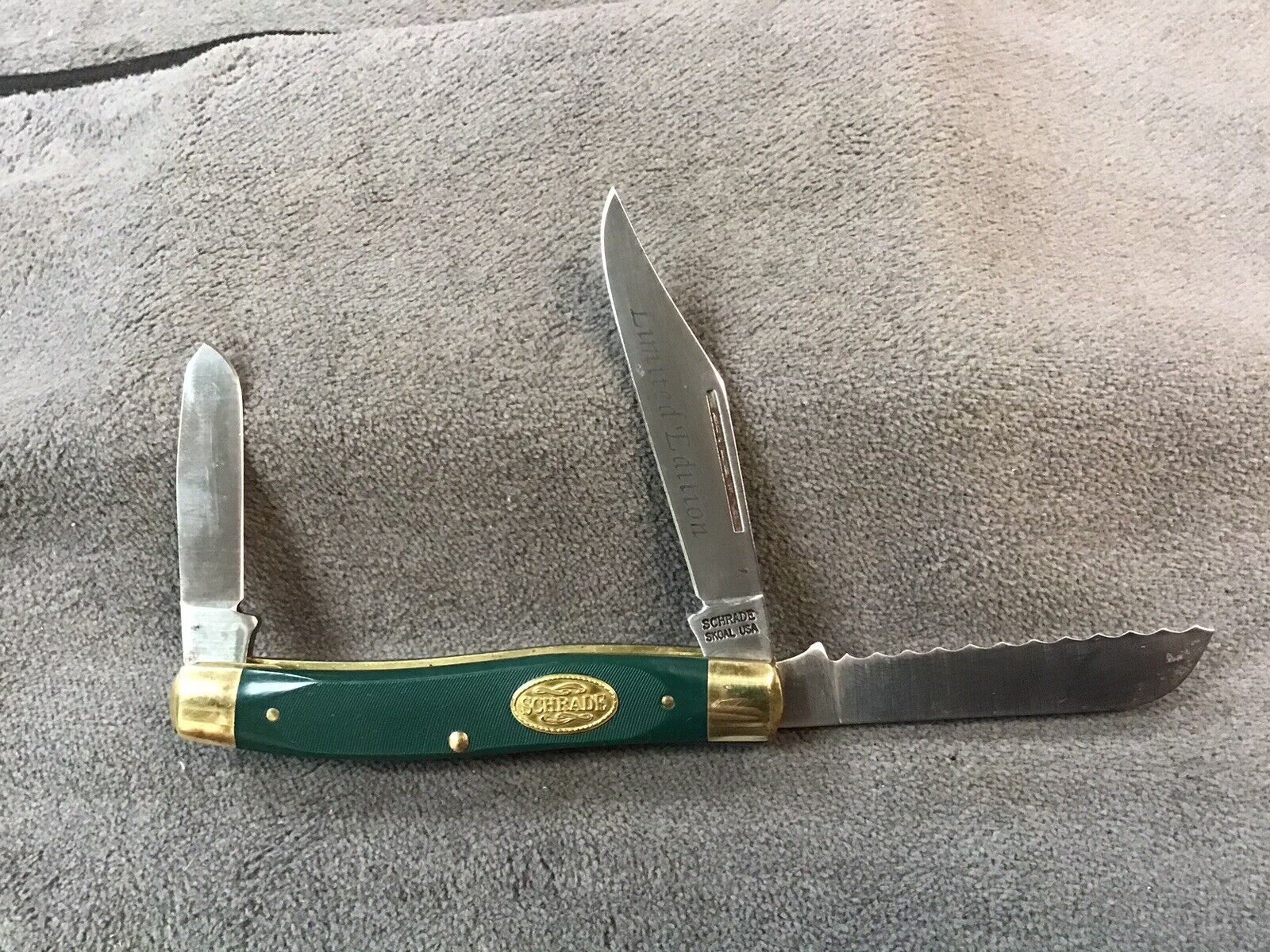 Vintage SCHRADE SKOAL USA Green Sawcut Folding Pocket Knife