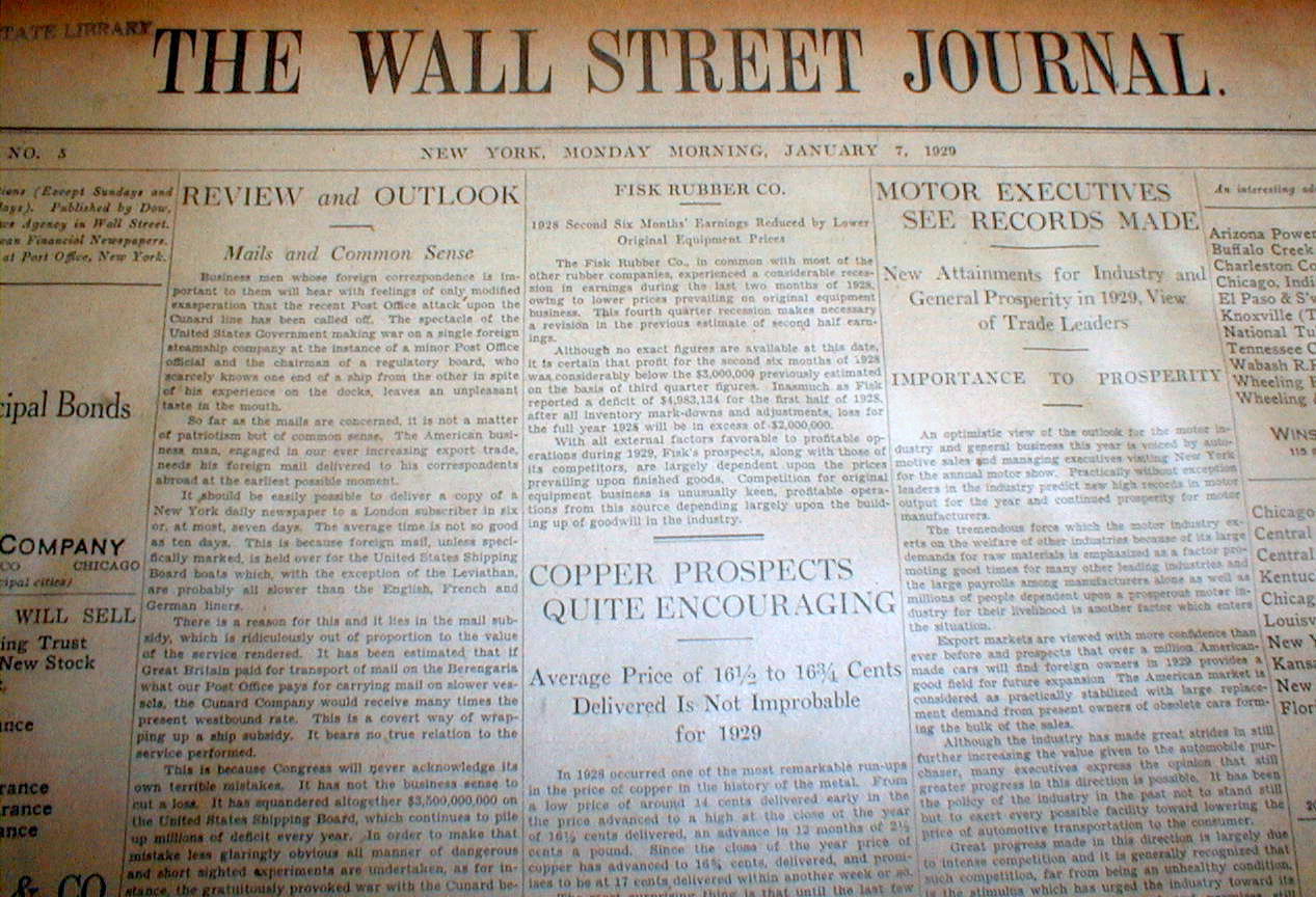 ORIGINAL Dec 1929 WALL STREET JOURNAL newspaper just afterTHE STOCK MARKET CRASH