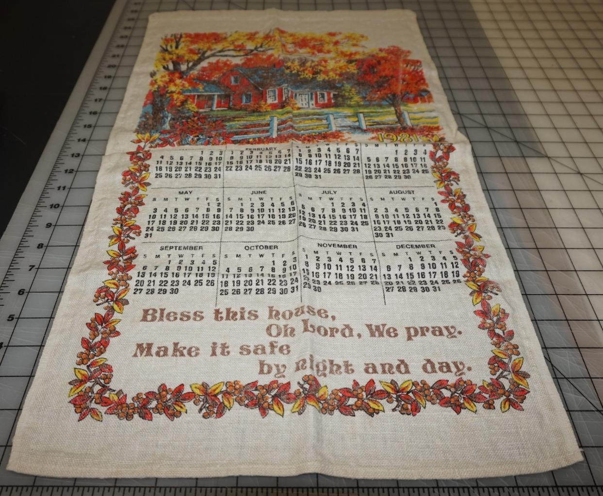 Vintage linen dishcloth towel calendar 1981 Fall Home