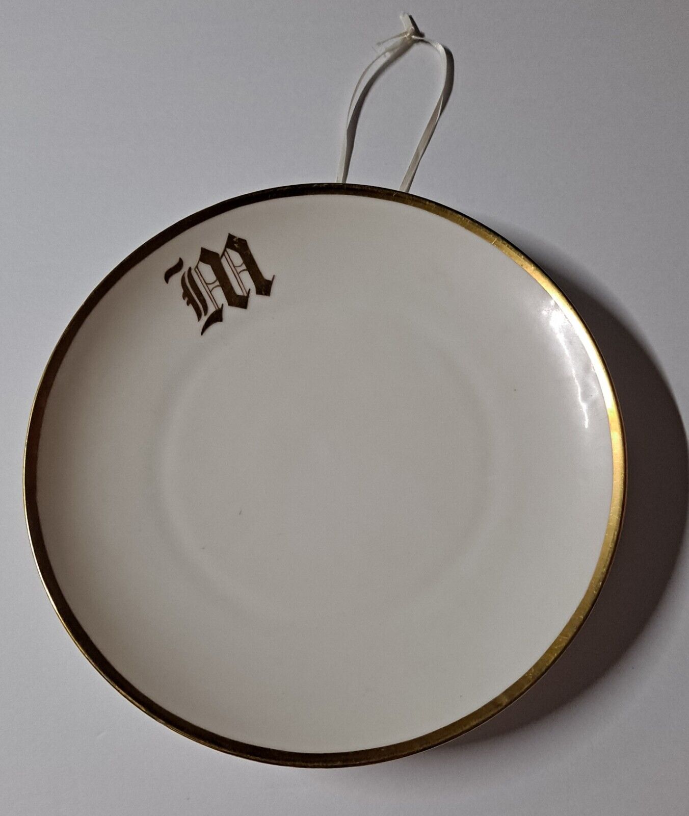 ANTIQUE ROSENTHAL WHITE INITIAL M PLATE, GOLD RIM,  8.5\