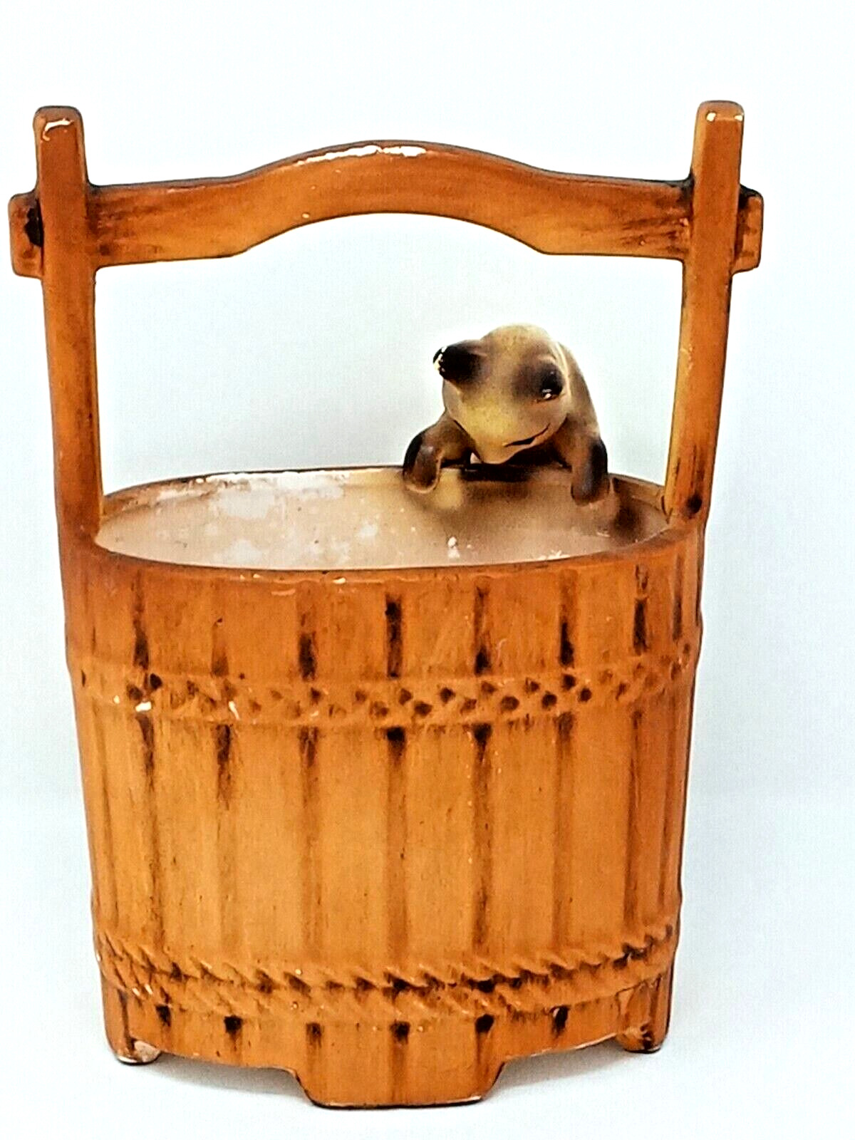 Bisque Pottery Bucket Planter w/ Siamese Cat peering inside on rim Vintage vgc