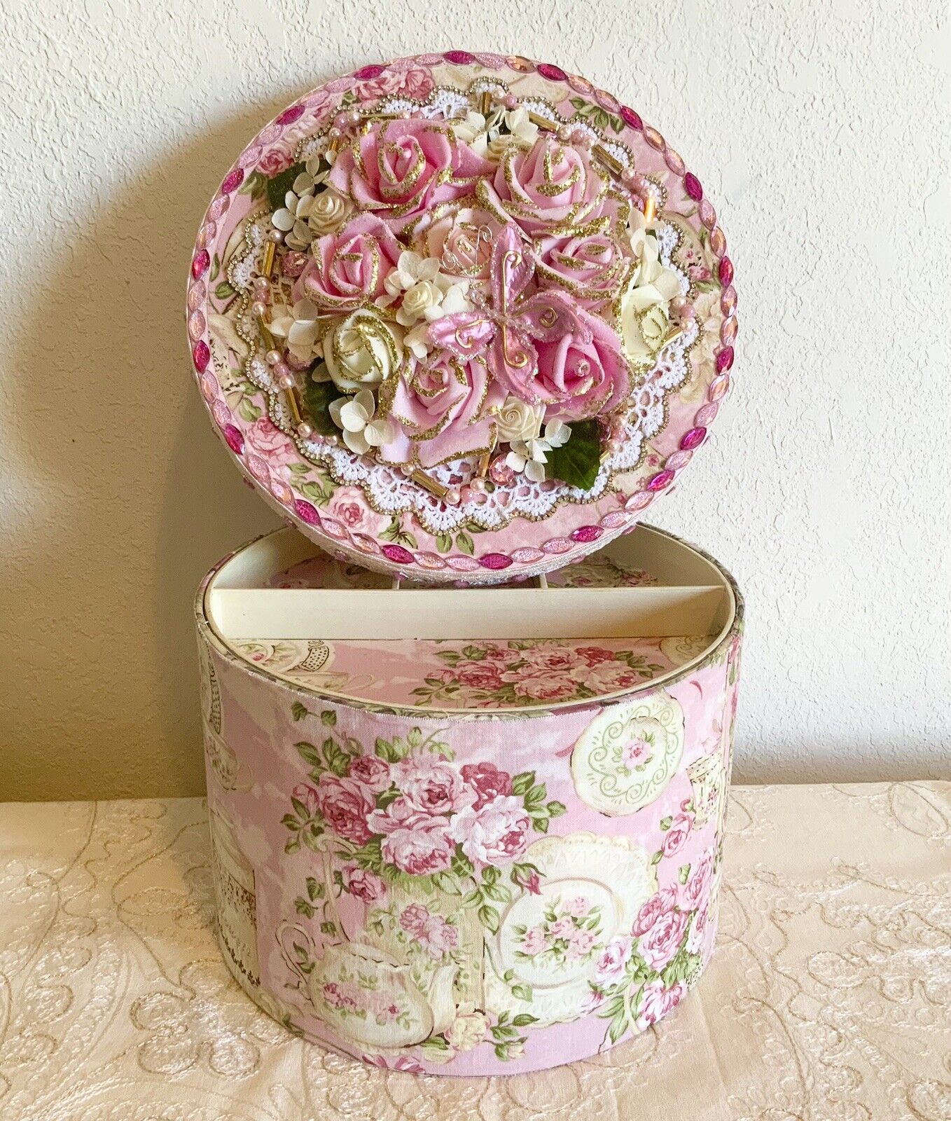 Shabby Chic Pink Roses - Rhinestones - Round  Handcrafted Storage Hat Gift Box