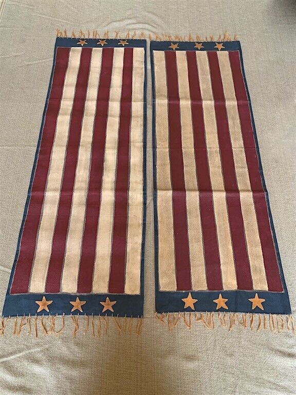 RARE (2) Vntg 1990’s AMERICANA HAND PAINTED Canvas 41x14in TABLE RUNNERS